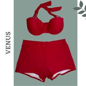 Venus 3 Piece Red Bikini Top Swim Short Size 8 Bottom Size D Top Adjustable Band